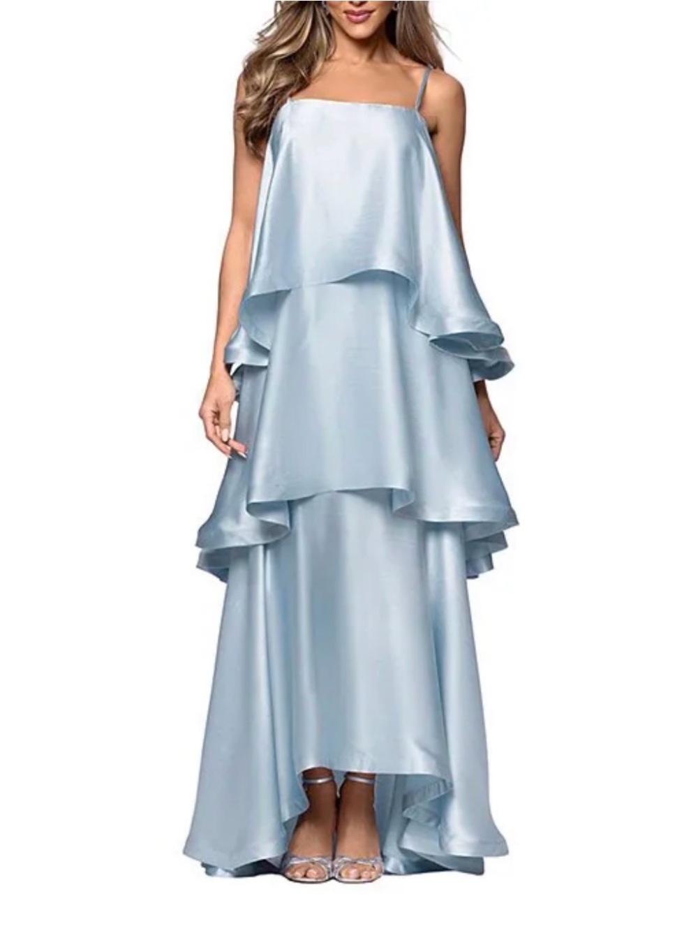 Xscape Light Blue Layered High-Low Satin Dress